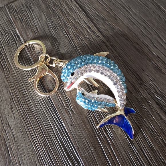 Accessories - Crystal Dolphin Keychain - Blue and Silver Rhinestones